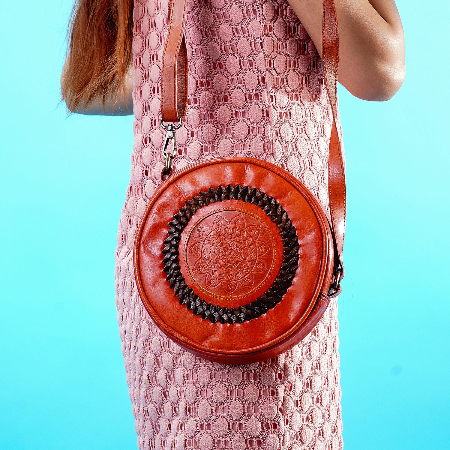 Cognac Genuine Leather Weaving Round Crossbody Bag