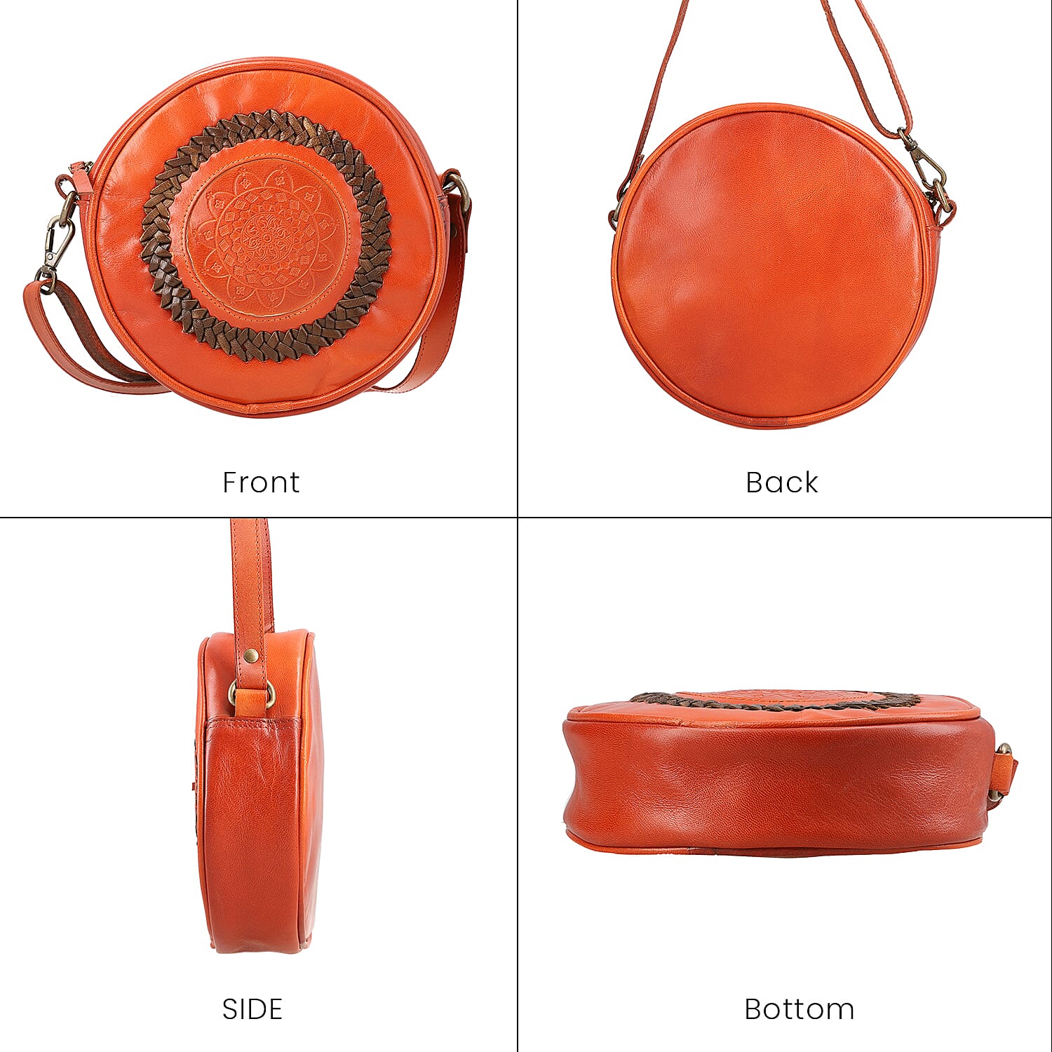 Cognac Genuine Leather Weaving Round Crossbody Bag
