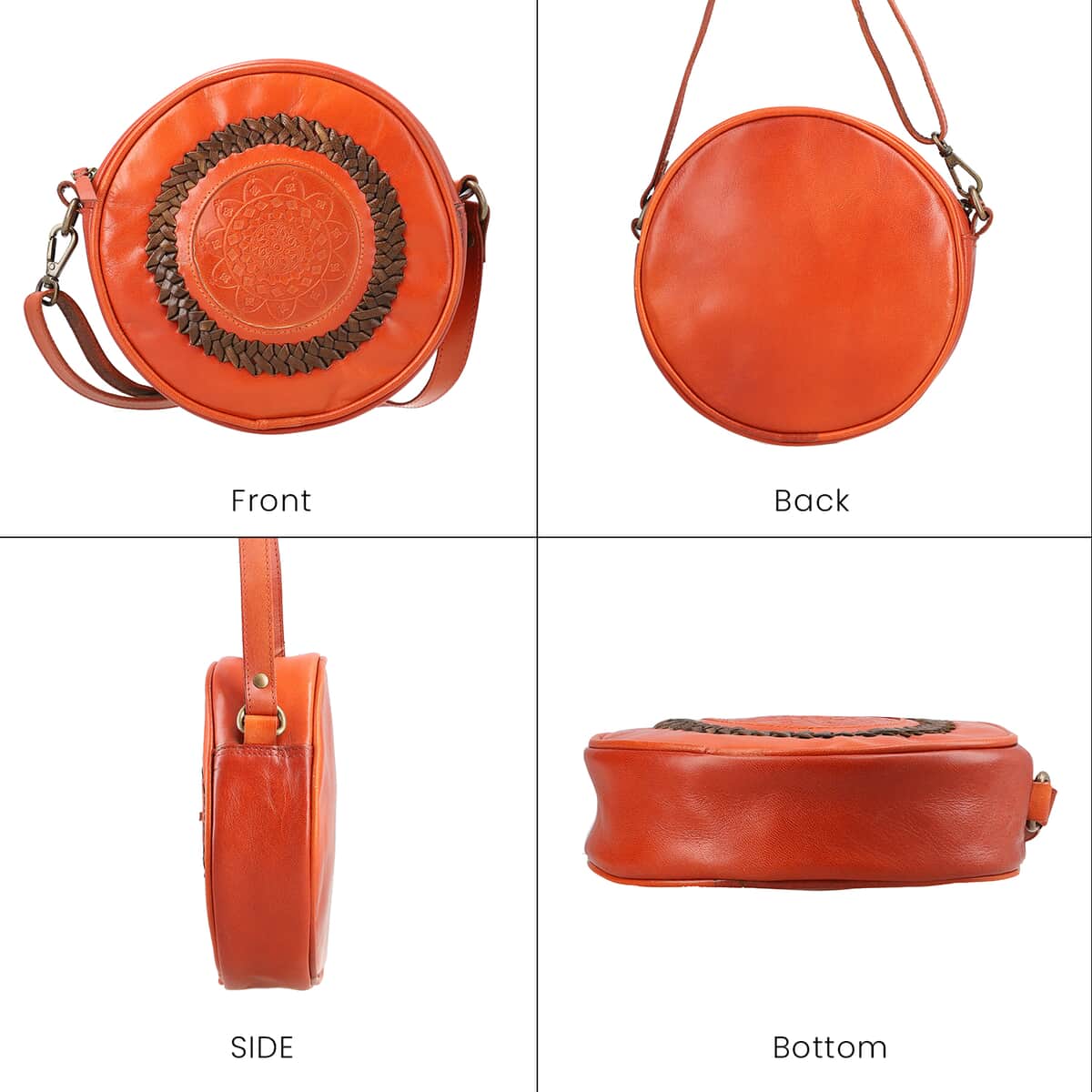 100% Genuine leather weaving round croosbody bag  SIZE: 7(L)x2.4(W)x7(H)Inches   COLOR: Cognac image number 2