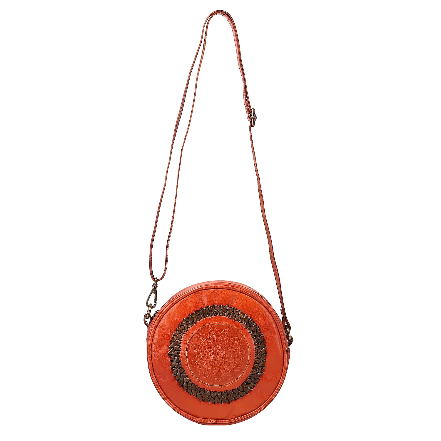 Cognac Genuine Leather Weaving Round Crossbody Bag