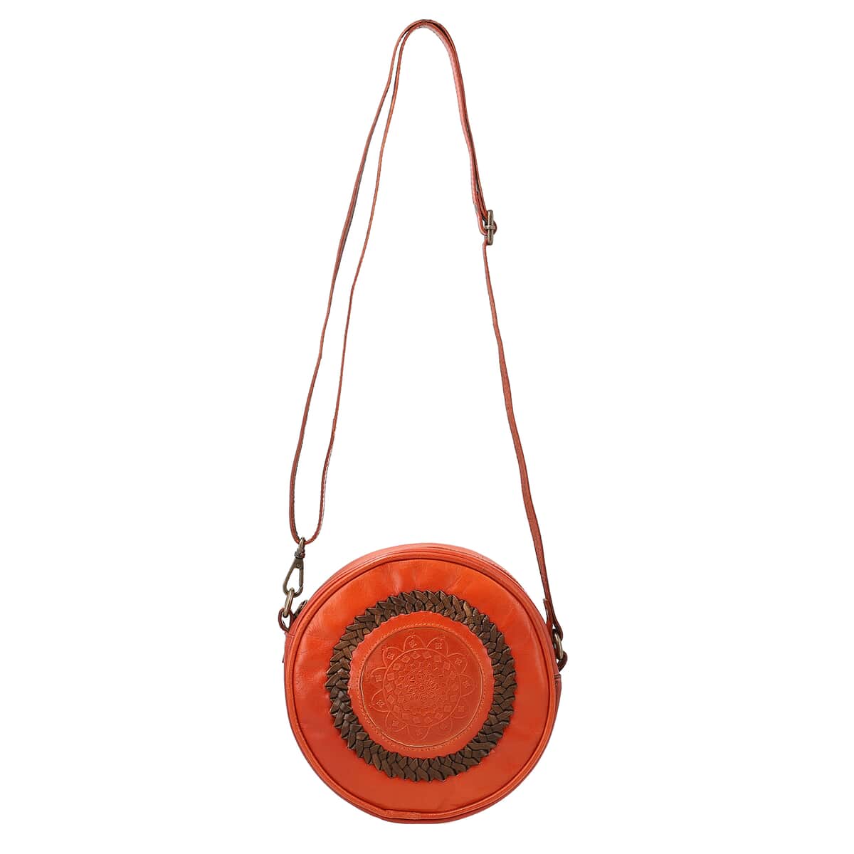 100% Genuine leather weaving round croosbody bag  SIZE: 7(L)x2.4(W)x7(H)Inches   COLOR: Cognac image number 3