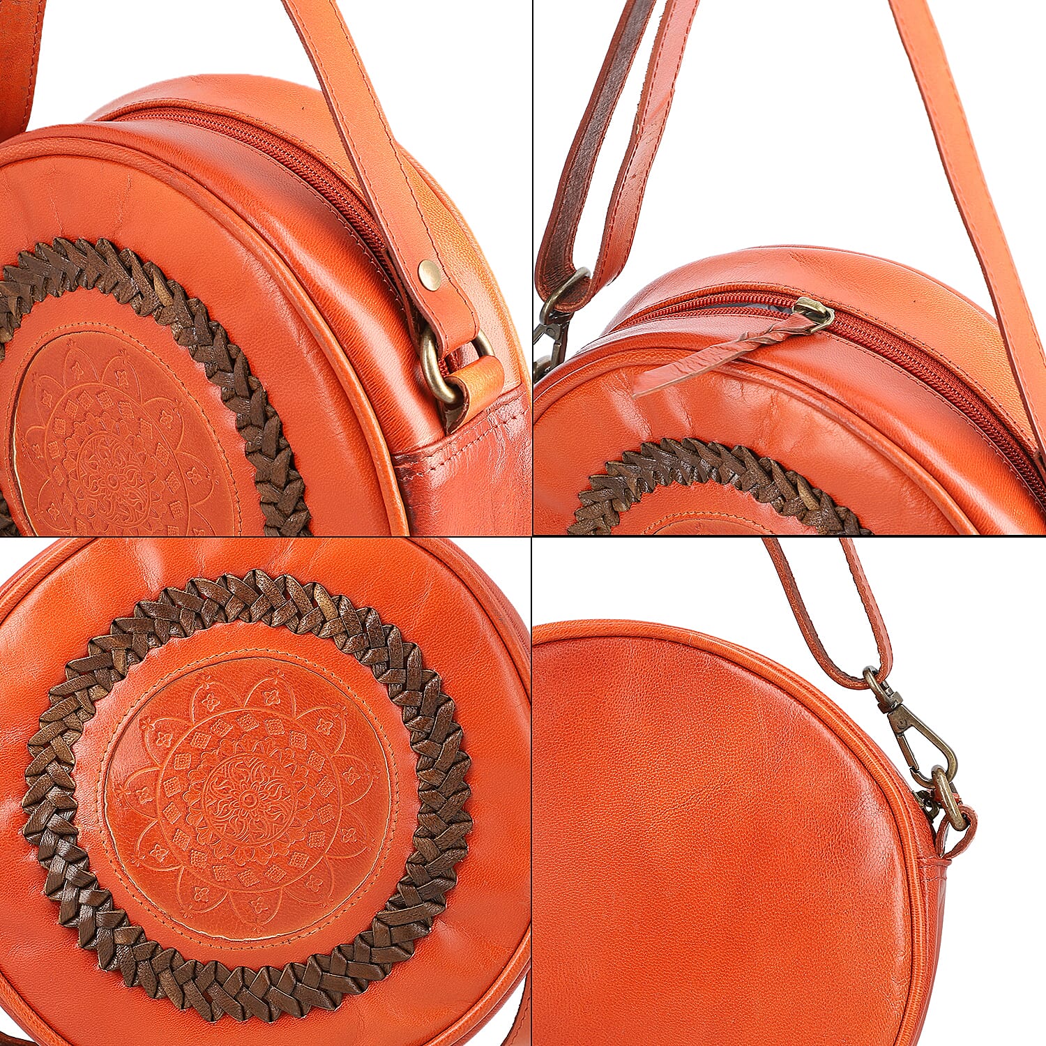 Cognac Genuine Leather Weaving Round Crossbody Bag
