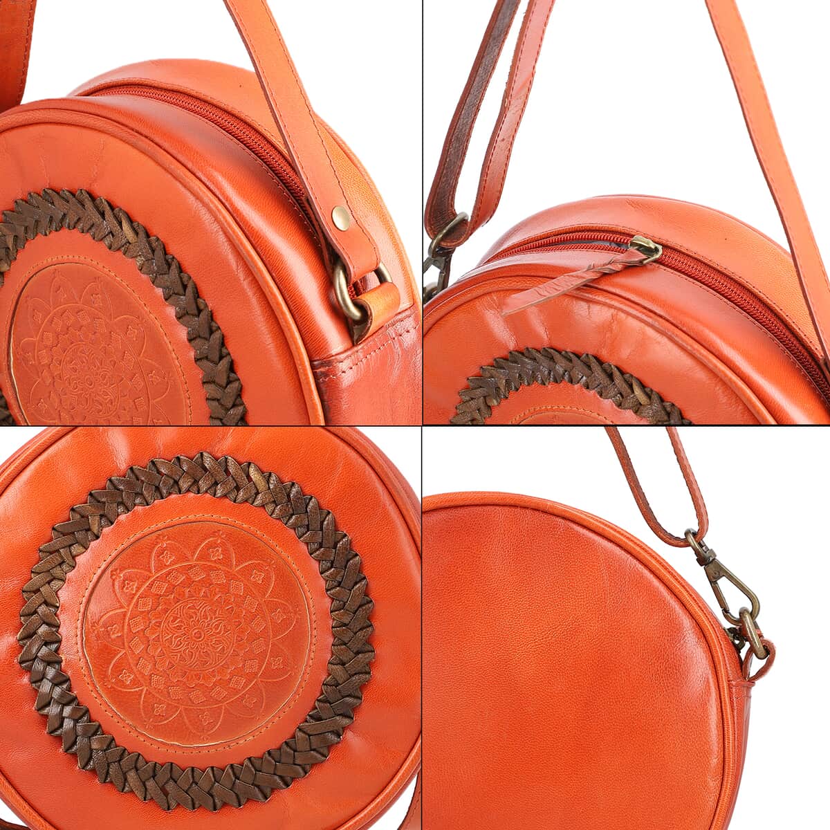 100% Genuine leather weaving round croosbody bag  SIZE: 7(L)x2.4(W)x7(H)Inches   COLOR: Cognac image number 4