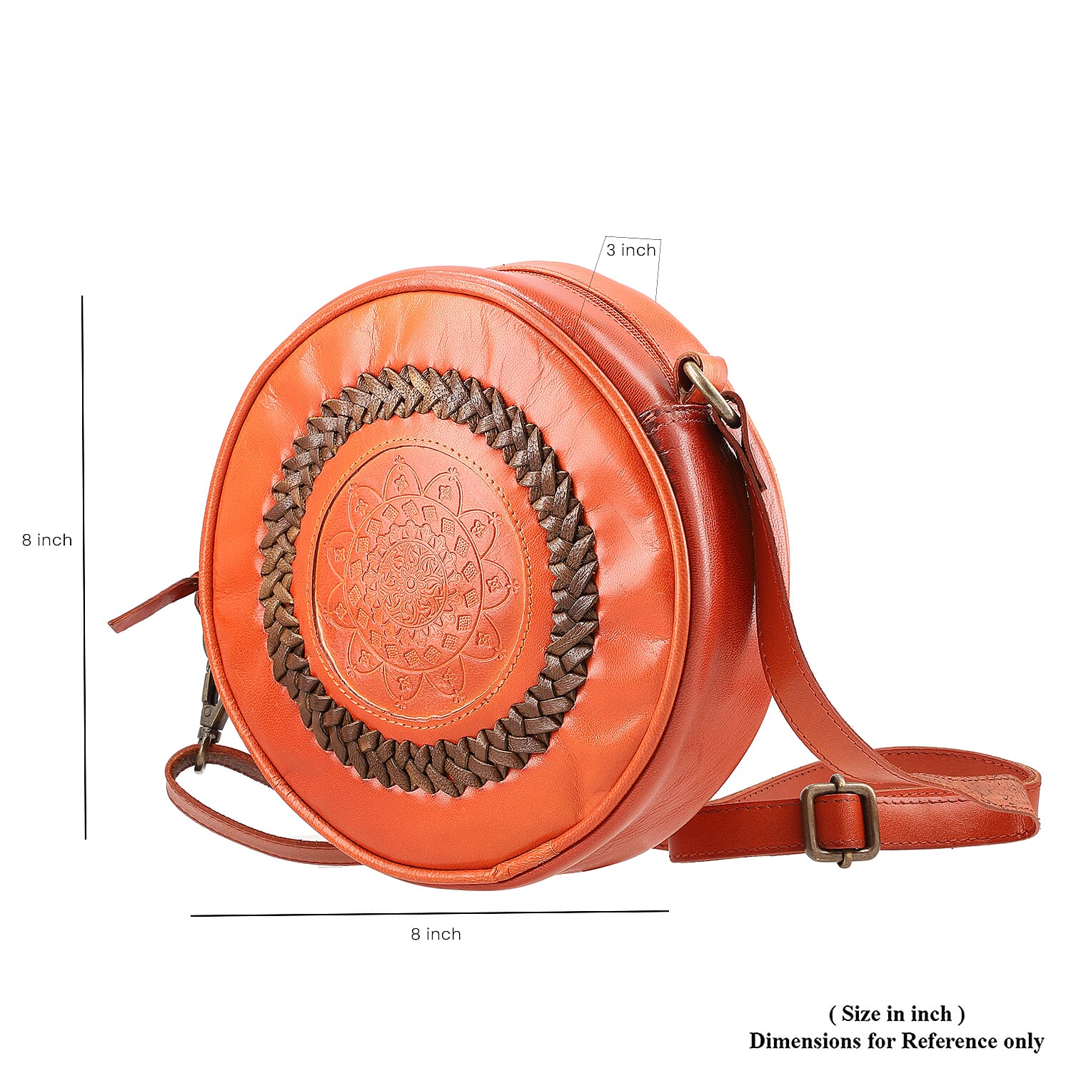 Cognac Genuine Leather Weaving Round Crossbody Bag