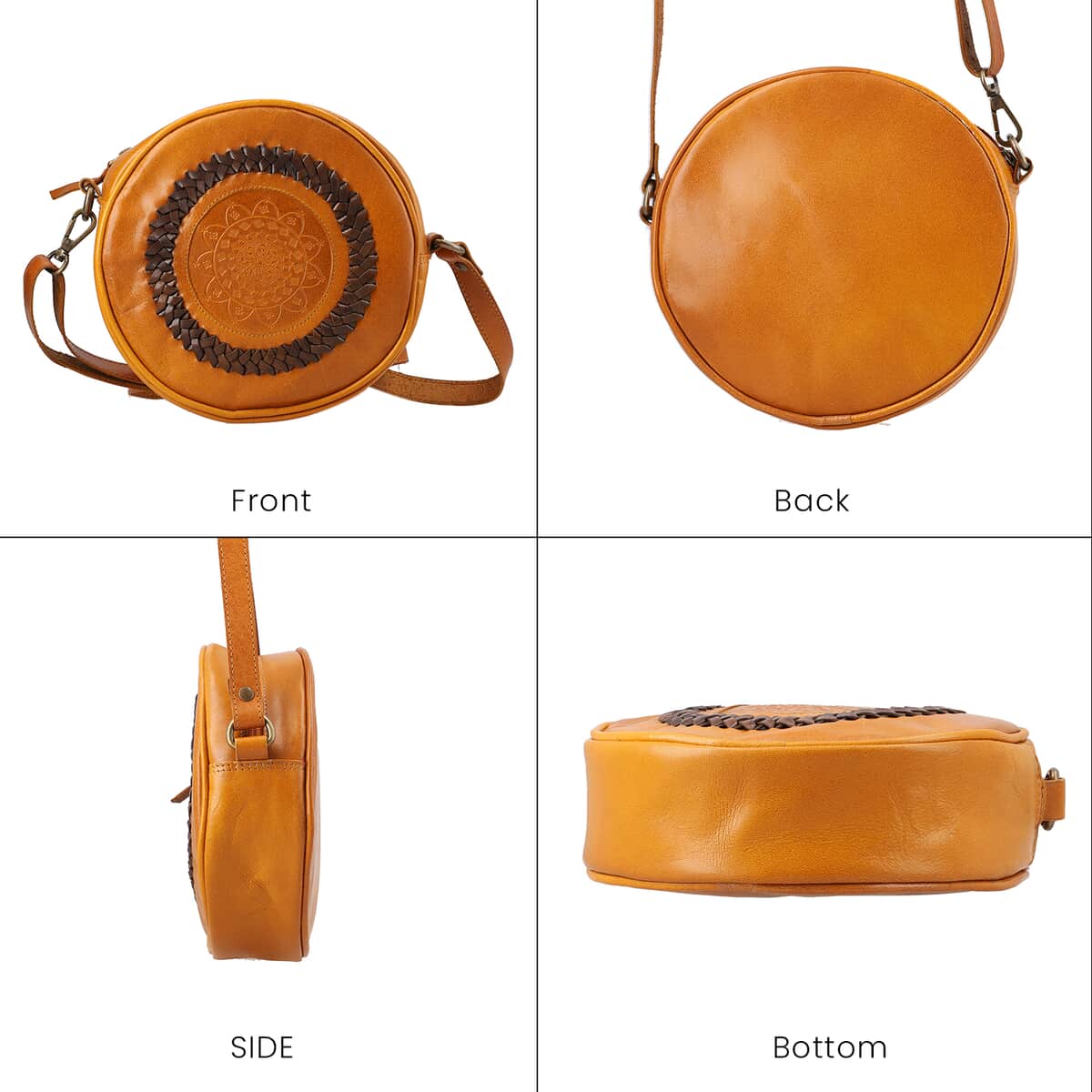 Tan Genuine Leather Weaving Round Crossbody Bag image number 2