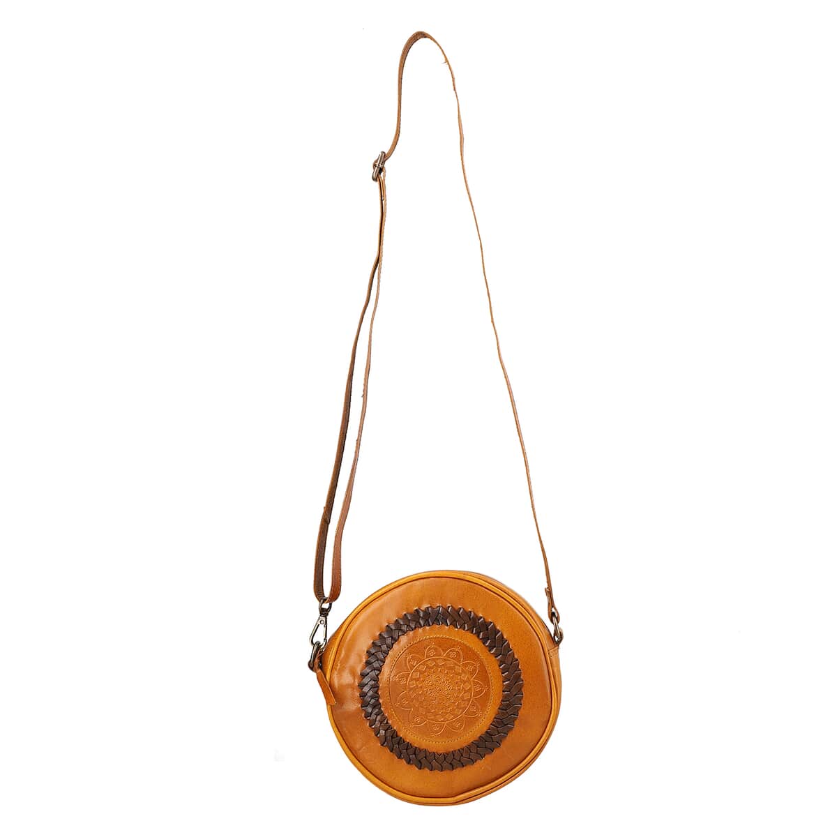 Tan Genuine Leather Weaving Round Crossbody Bag image number 3