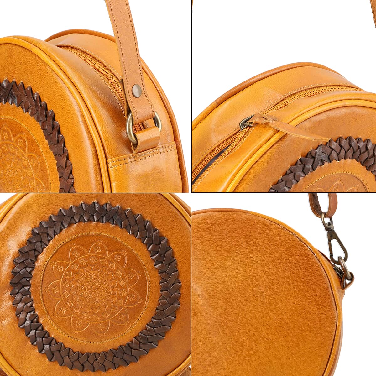 Shop LC Genuine Leather Weaving Round Crossbody Bag with Detachable Strap