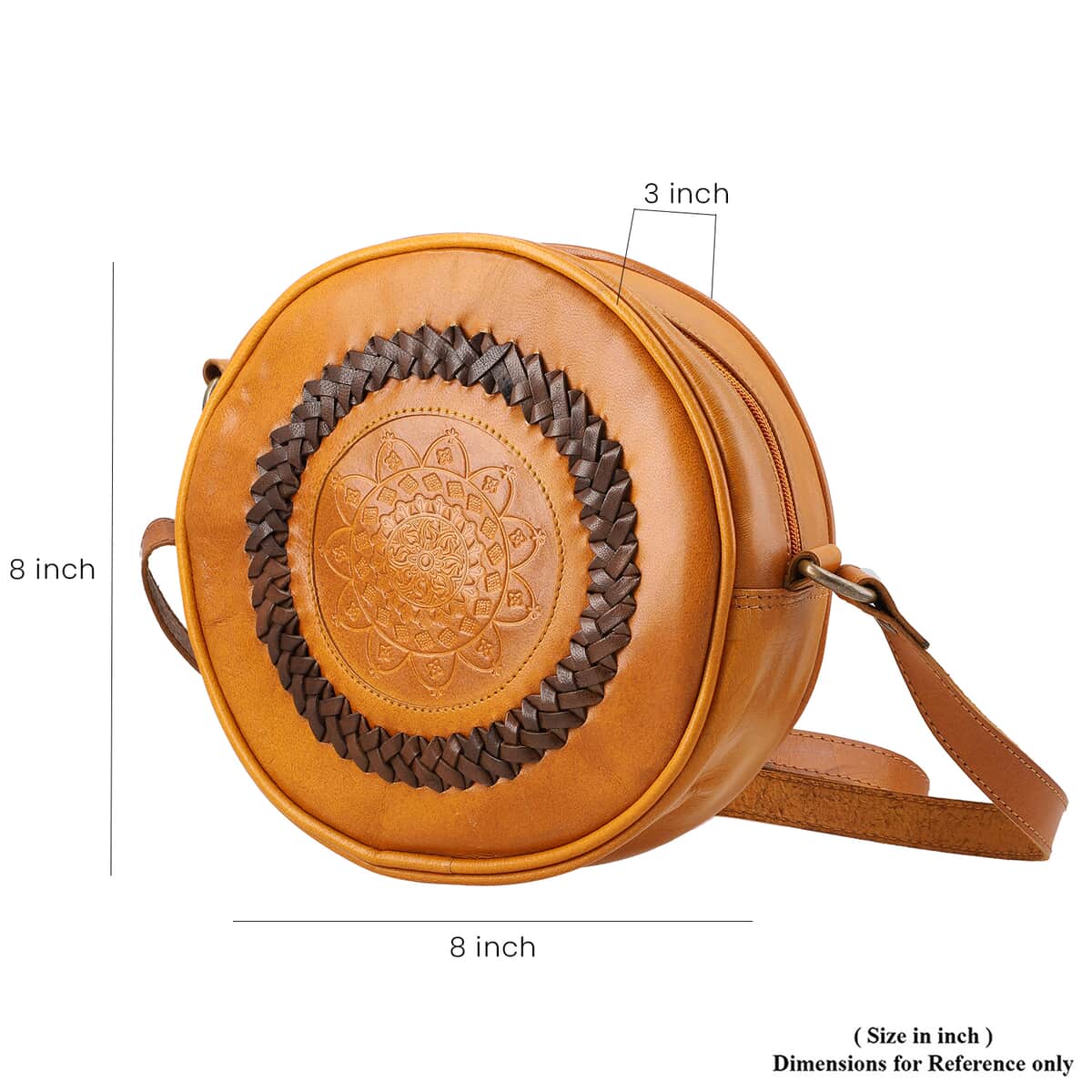 Tan Genuine Leather Weaving Round Crossbody Bag image number 5