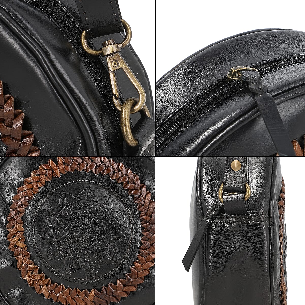 Black Genuine Leather Weaving Round Crossbody Bag image number 4