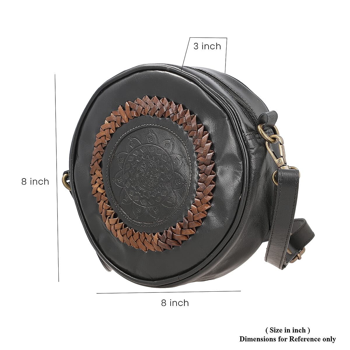 Black Genuine Leather Weaving Round Crossbody Bag image number 5