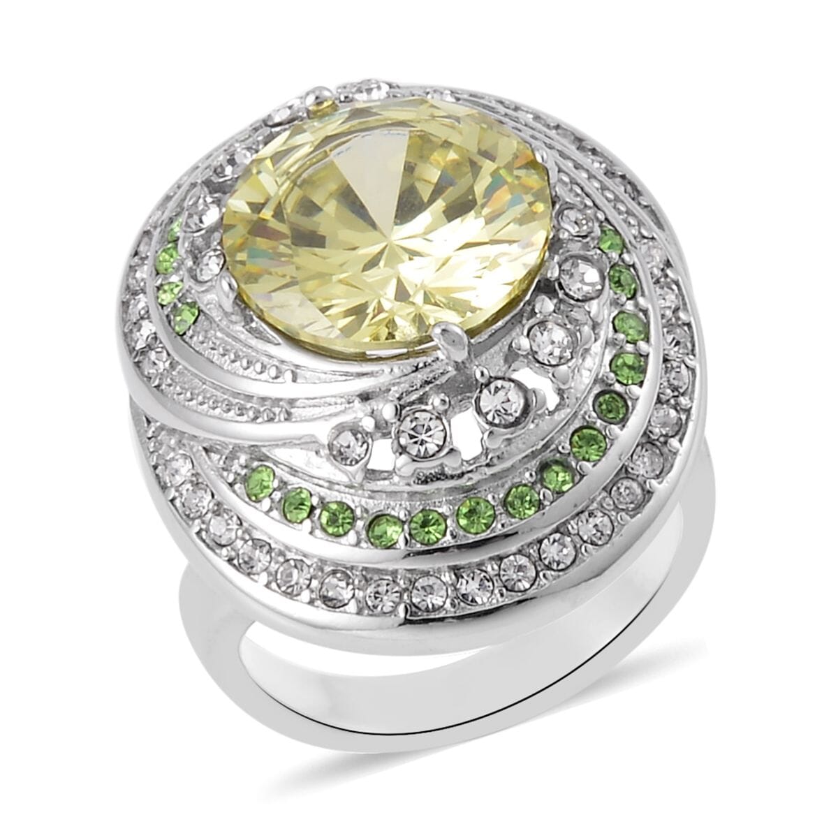 Simulated Yellow Sapphire, Neon Green and White Austrian Crystal Ring in Stainless Steel image number 0