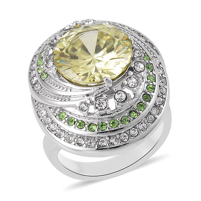 Simulated Yellow Sapphire, Neon Green and White Austrian Crystal Ring in Stainless Steel (Size 10.0)