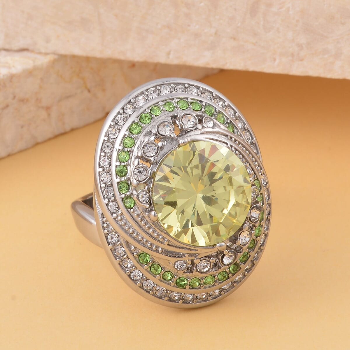 Simulated Yellow Sapphire, Neon Green and White Austrian Crystal Ring in Stainless Steel image number 1
