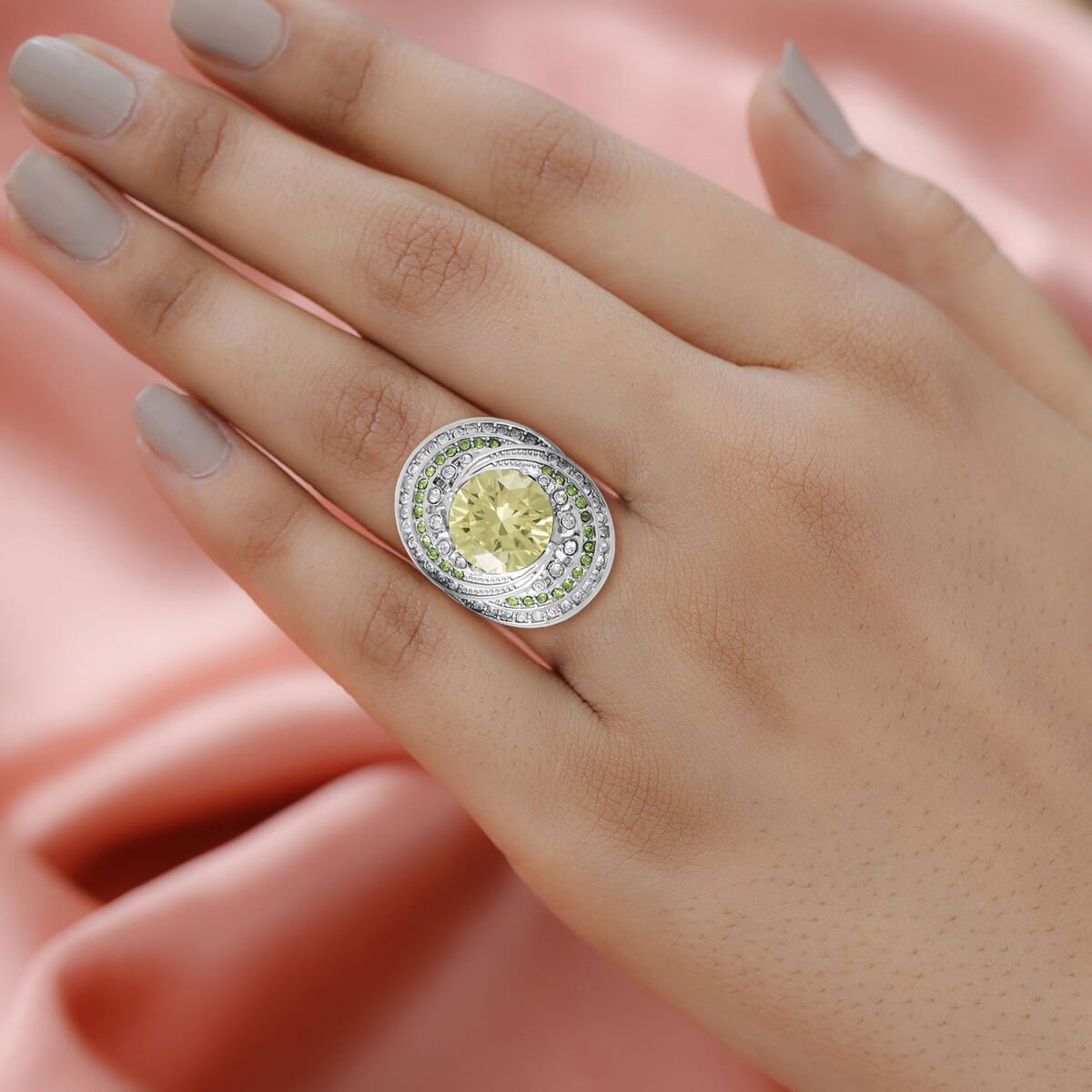Simulated Yellow Sapphire, Neon Green and White Austrian Crystal Ring in Stainless Steel image number 2
