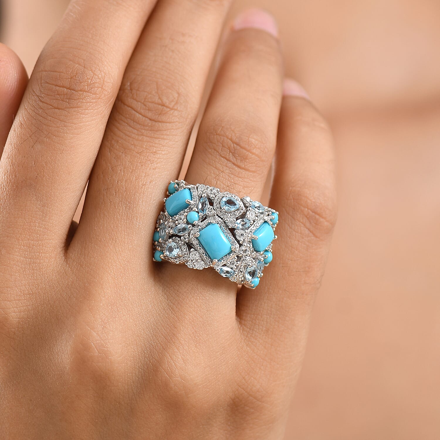 Premium Sleeping Beauty Turquoise and Multi Gemstone 5.00 ctw Ring in Rhodium Over Sterling Silver (Size 7.0)