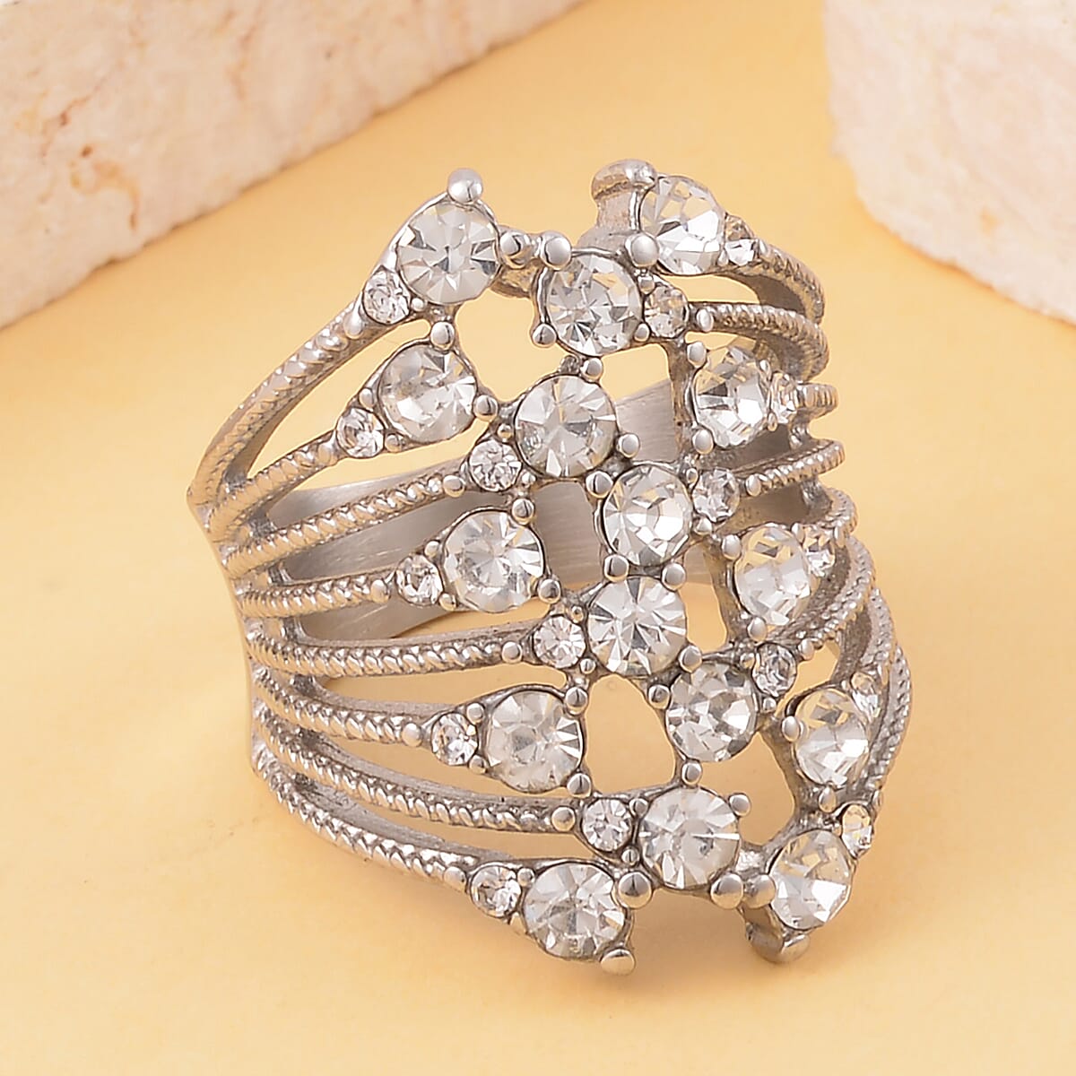 Austrian Crystal Crossover Ring in Stainless Steel (Size 10.0) image number 1