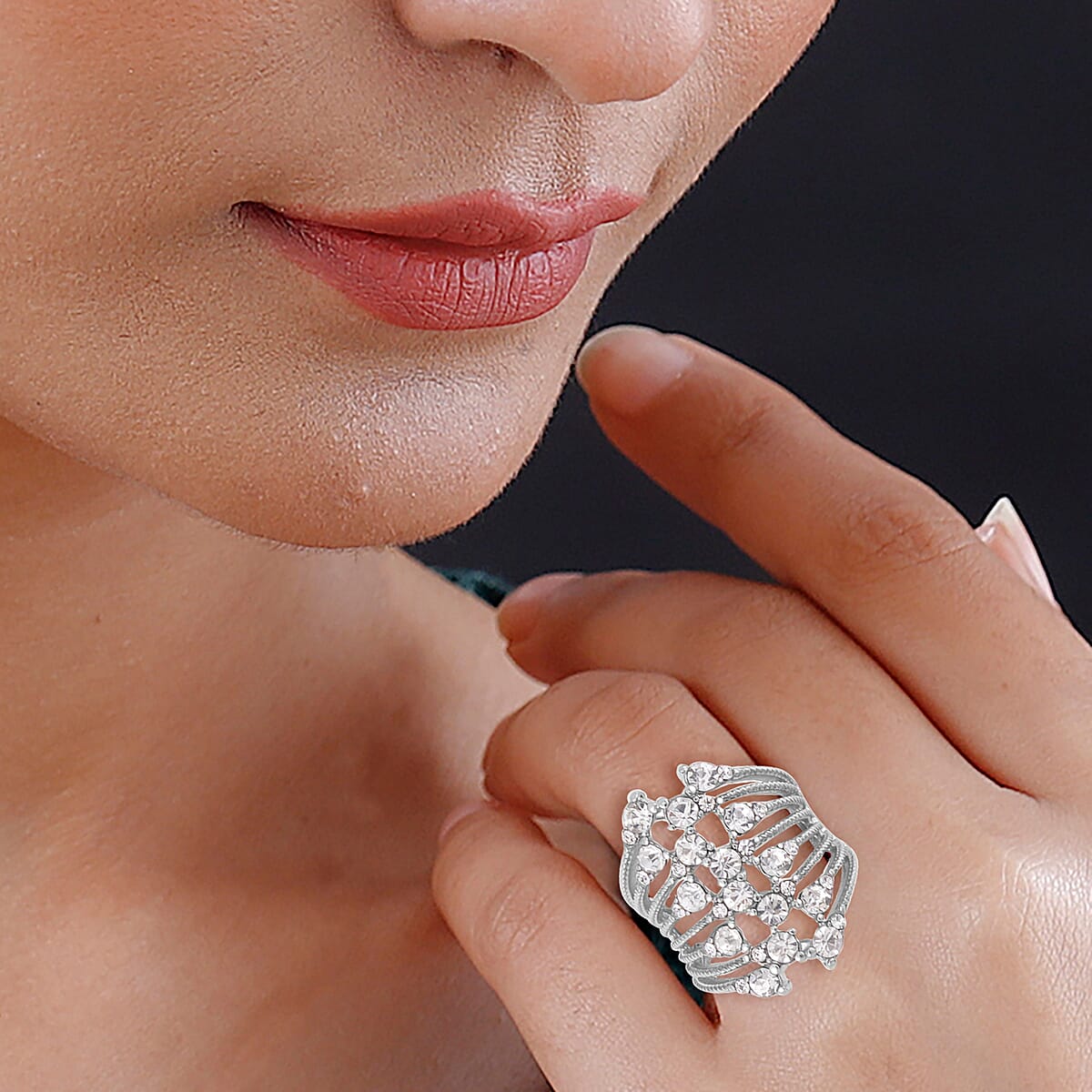 Austrian Crystal Crossover Ring in Stainless Steel (Size 10.0) image number 2