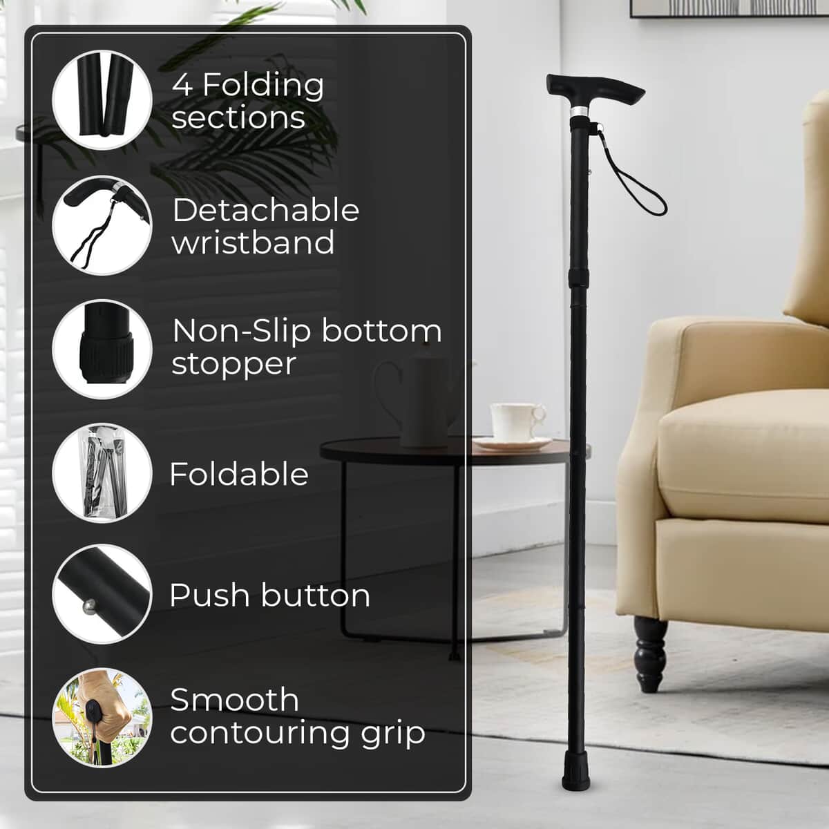 Bulk Buys Foldable Walking Cane, Non Slip Easy Fold Walking Stick, Collapsible Walking Aid – Black image number 2