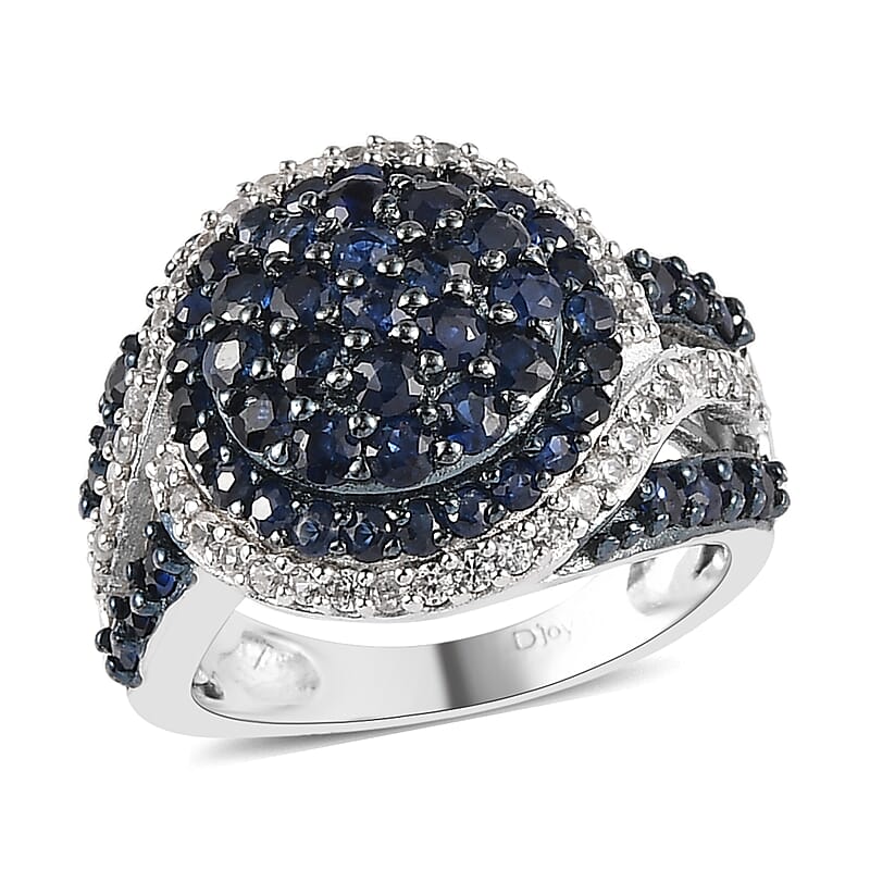 Premium Kanchanaburi Blue Sapphire and White Zircon Cluster Ring in Platinum Over Sterling Silver (Size 10.0) 2.40 ctw