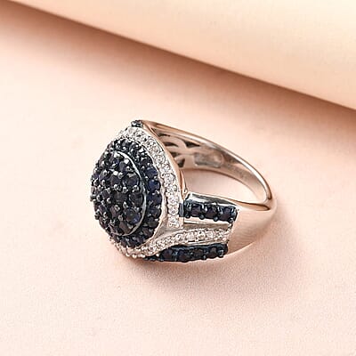 Premium Kanchanaburi Blue Sapphire and White Zircon Cluster Ring in Platinum Over Sterling Silver (Size 10.0) 2.40 ctw