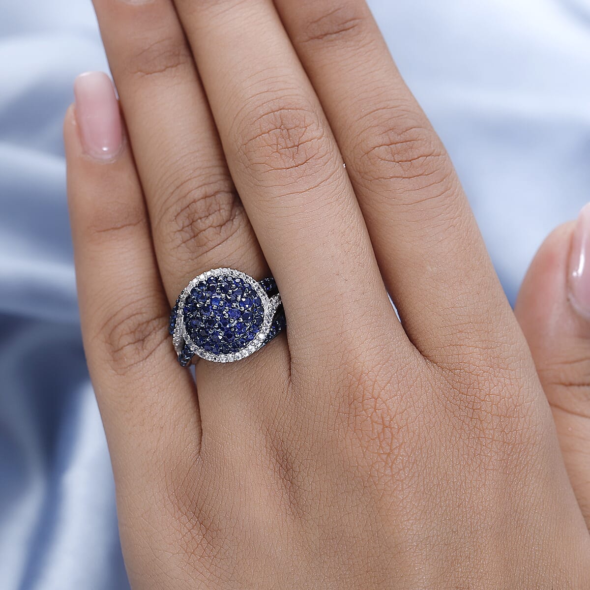 Premium Kanchanaburi Blue Sapphire and White Zircon Cluster Ring in Platinum Over Sterling Silver (Size 10.0) 2.40 ctw image number 2