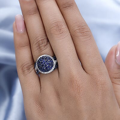 Premium Kanchanaburi Blue Sapphire and White Zircon Cluster Ring in Platinum Over Sterling Silver (Size 10.0) 2.40 ctw