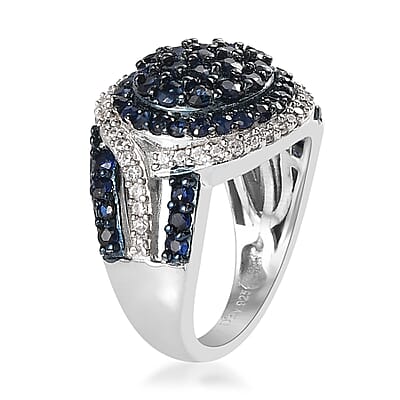 Premium Kanchanaburi Blue Sapphire and White Zircon Cluster Ring in Platinum Over Sterling Silver (Size 10.0) 2.40 ctw