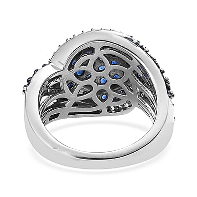 Premium Kanchanaburi Blue Sapphire and White Zircon Cluster Ring in Platinum Over Sterling Silver (Size 10.0) 2.40 ctw