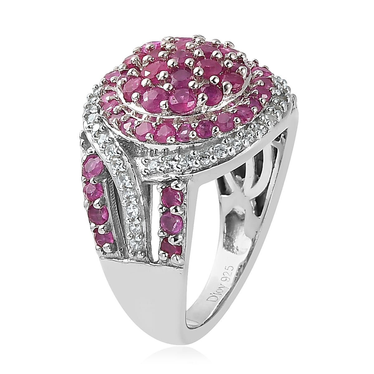 Premium Mozambique Ruby and White Zircon Cluster Ring in Platinum Over Sterling Silver (Size 7.0) 2.60 ctw image number 3