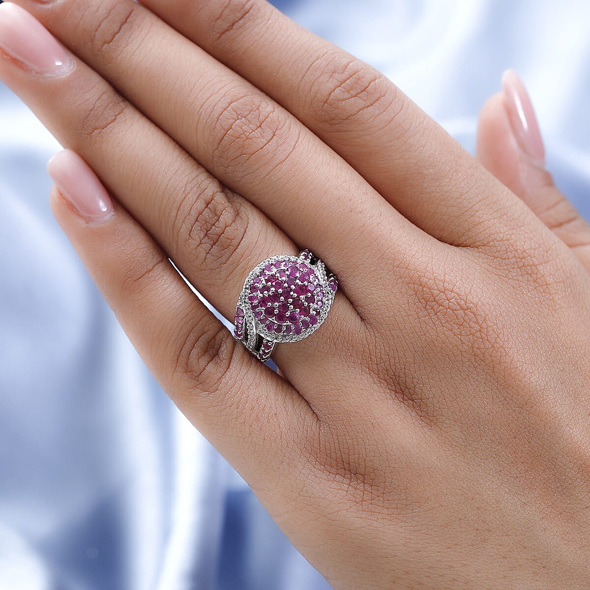 Premium Mozambique Ruby and White Zircon Cluster Ring in Platinum Over Sterling Silver (Size 8.0) 2.60 ctw image number 2