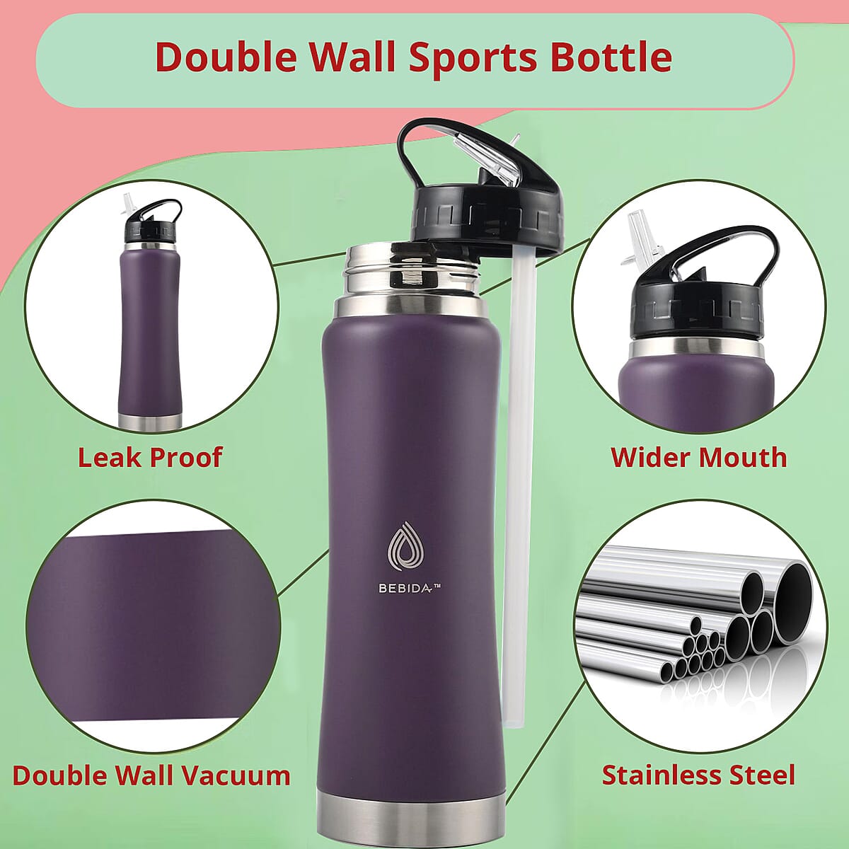 Bebida 25oz Stainless Steel Double Wall Sports Bottle -Purple image number 3