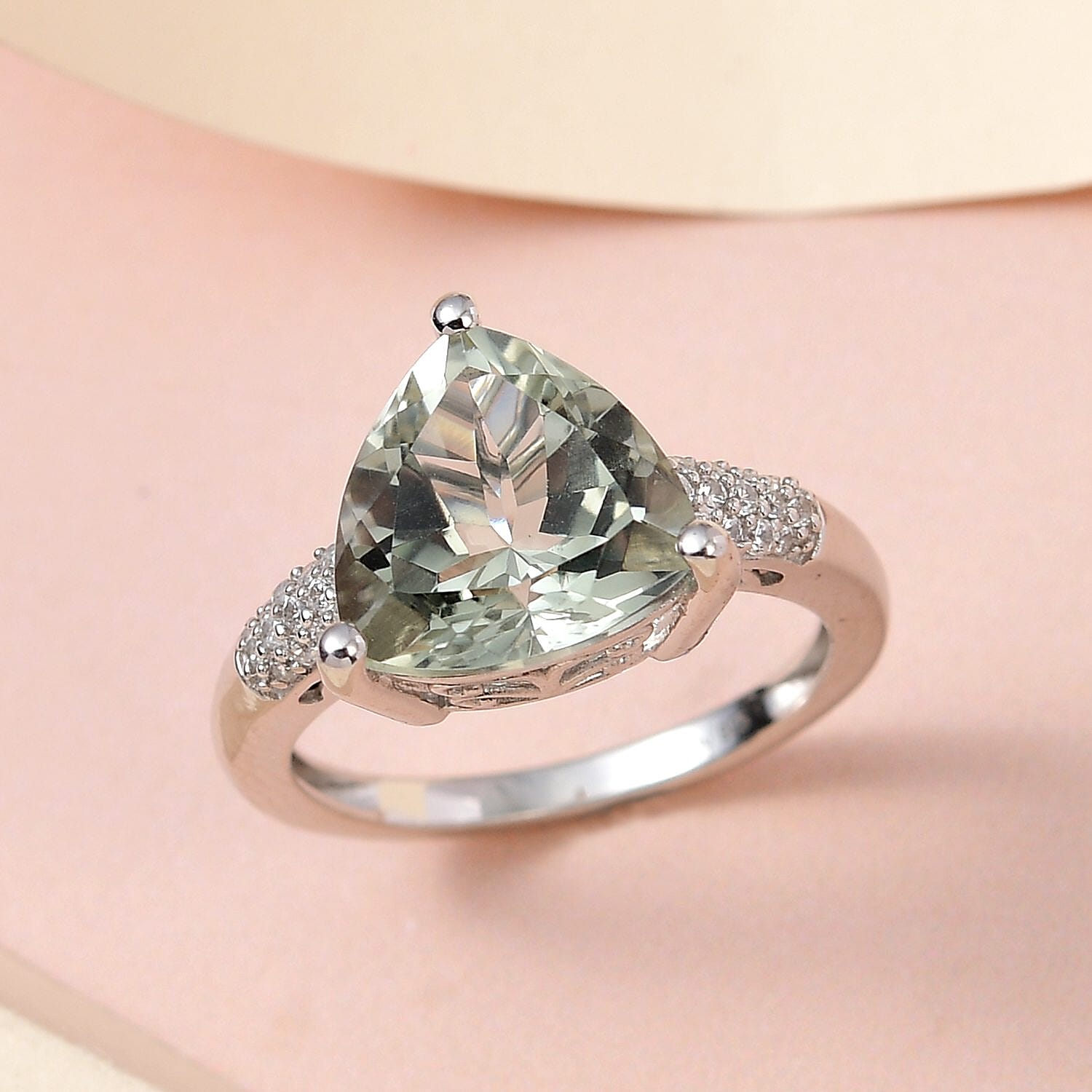 AAA Montezuma Prasiolite and White Zircon Ring in Platinum Over Sterling Silver (Size 10.0) 5.65 ctw