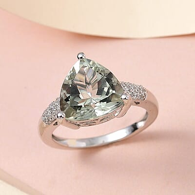 AAA Montezuma Prasiolite and White Zircon Ring in Platinum Over Sterling Silver (Size 10.0) 5.65 ctw