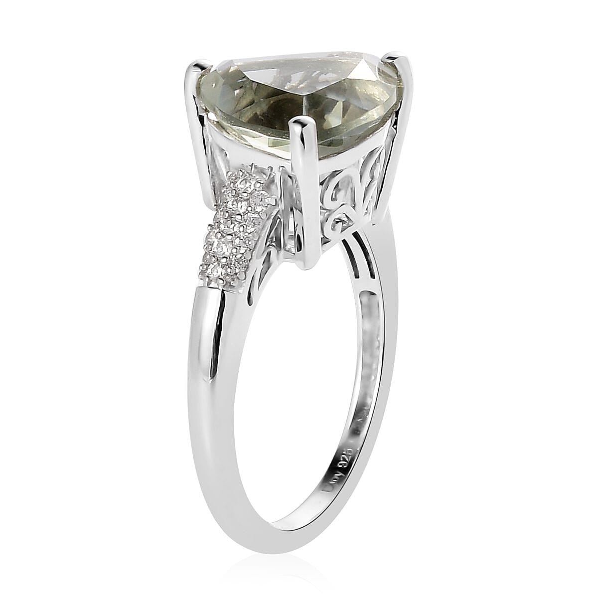 AAA Montezuma Prasiolite and White Zircon Ring in Platinum Over Sterling Silver (Size 10.0) 5.65 ctw