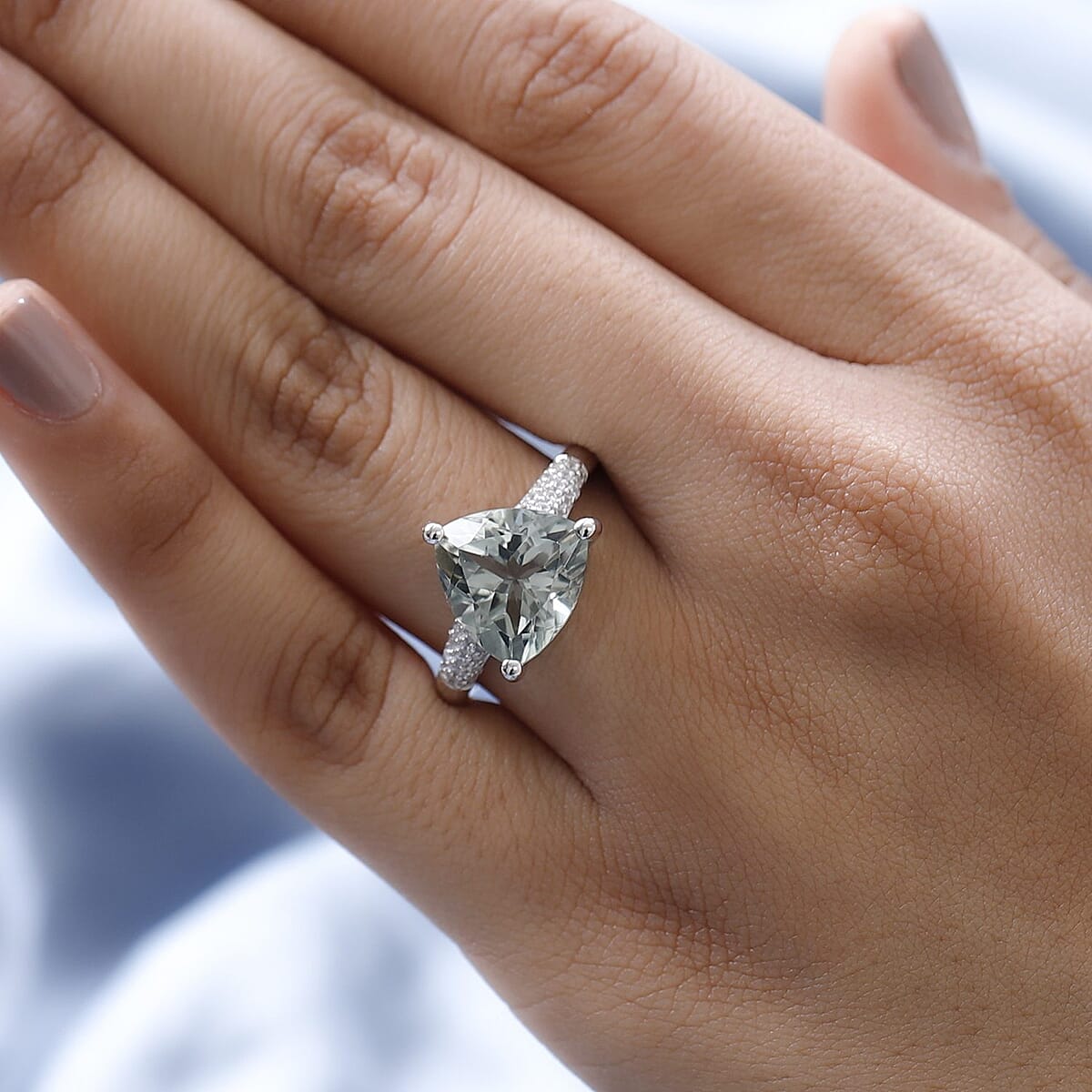 AAA Montezuma Prasiolite and White Zircon Ring in Platinum Over Sterling Silver (Size 11.0) 5.65 ctw image number 2