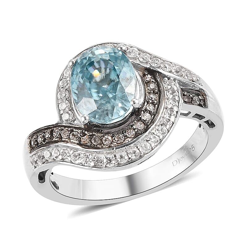 Cambodian Blue Zircon, Champagne and White Zircon Ring in Platinum Over Sterling Silver (Size 10.0) 4.10 ctw