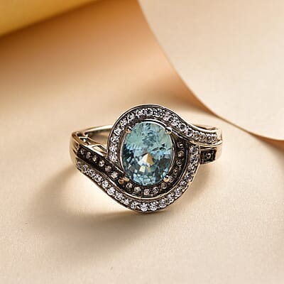 Cambodian Blue Zircon, Champagne and White Zircon Ring in Platinum Over Sterling Silver (Size 10.0) 4.10 ctw