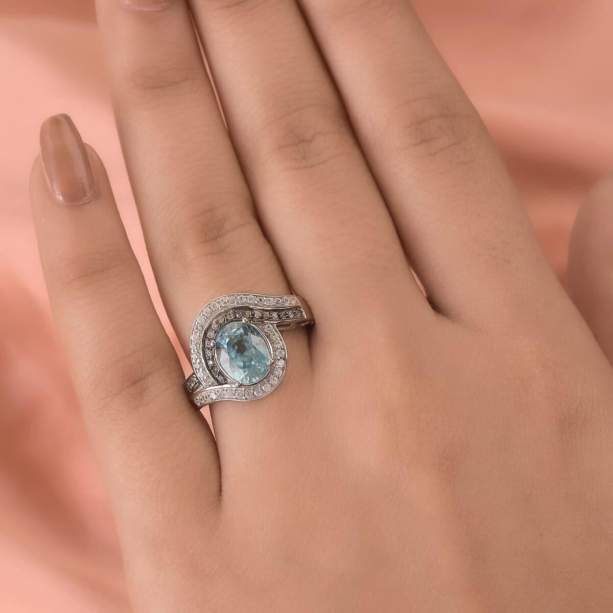 Cambodian Blue Zircon, Natural Champagne and White Zircon Ring in Platinum Over Sterling Silver 4.10 ctw (Delivery in 3-5 Business Days) image number 2