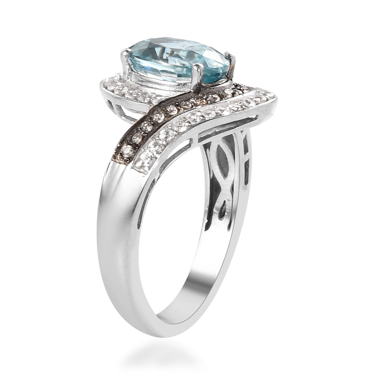 Cambodian Blue Zircon, Natural Champagne and White Zircon Ring in Platinum Over Sterling Silver 4.10 ctw (Delivery in 3-5 Business Days) image number 3
