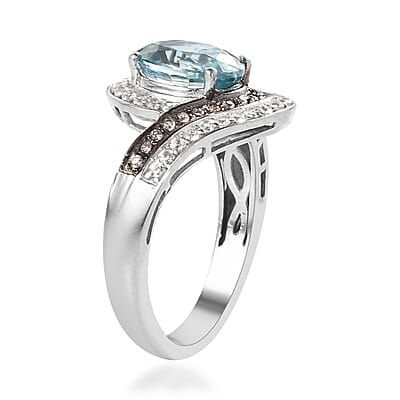 Cambodian Blue Zircon, Champagne and White Zircon Ring in Platinum Over Sterling Silver (Size 10.0) 4.10 ctw