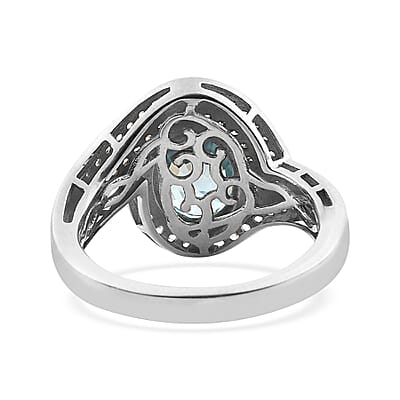 Cambodian Blue Zircon, Champagne and White Zircon Ring in Platinum Over Sterling Silver (Size 10.0) 4.10 ctw