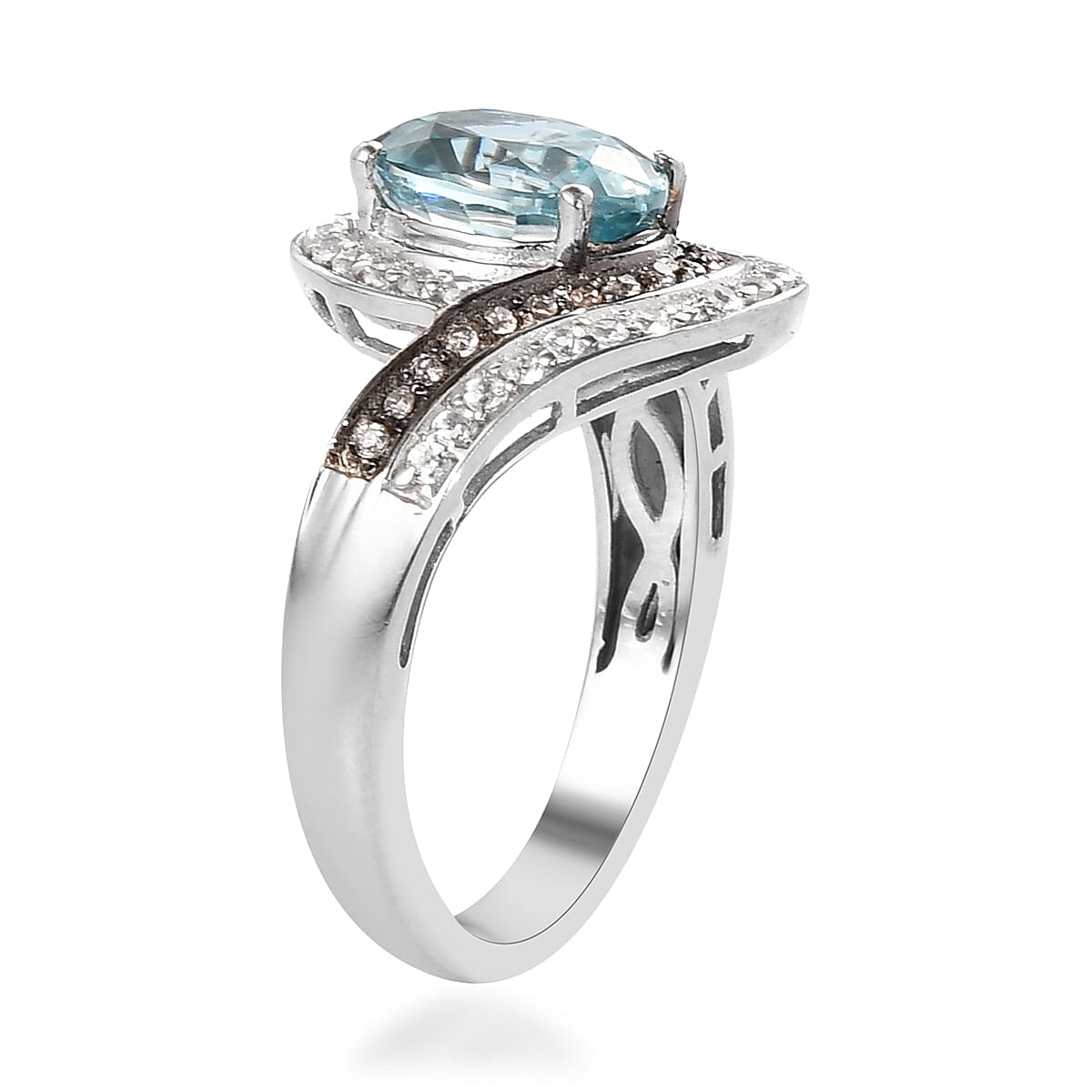 Cambodian Blue Zircon, Champagne and White Zircon Ring in Platinum Over Sterling Silver (Size 8.0) 4.10 ctw image number 3