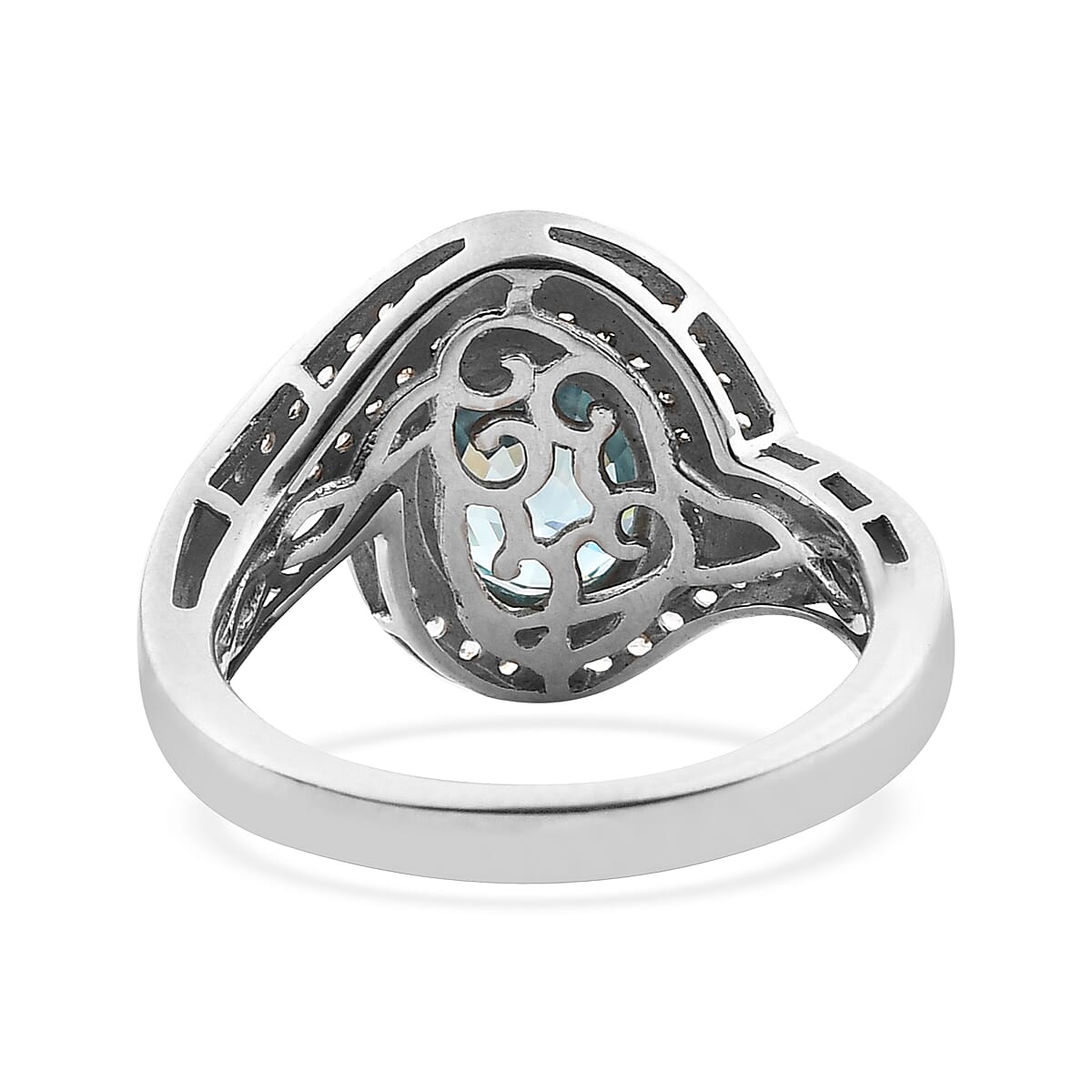 Cambodian Blue Zircon, Champagne and White Zircon Ring in Platinum Over Sterling Silver (Size 8.0) 4.10 ctw image number 4
