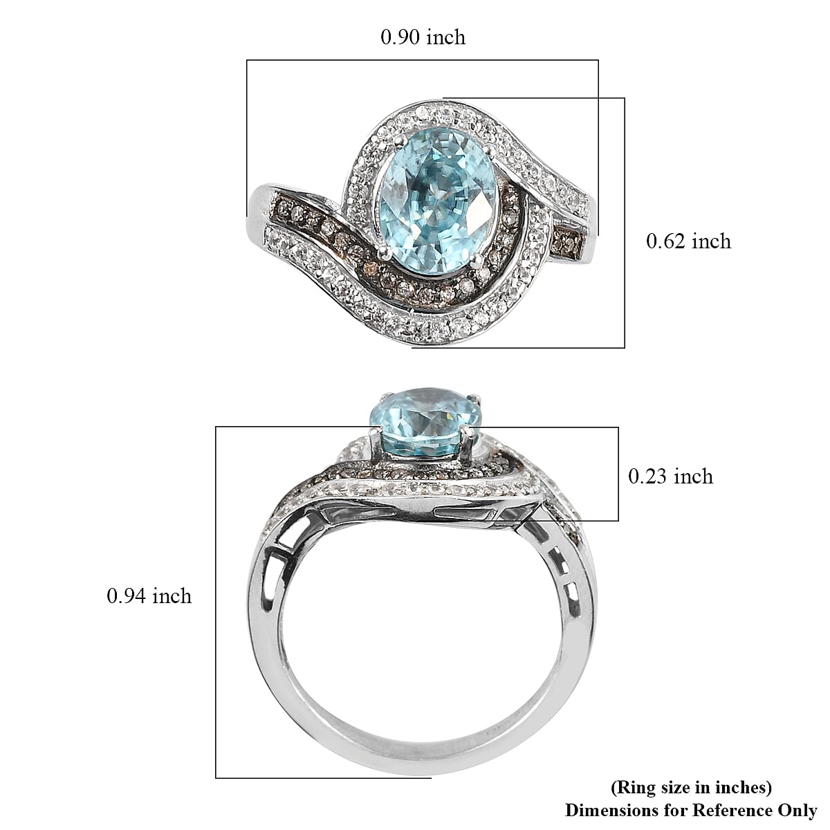 Cambodian Blue Zircon, Champagne and White Zircon Ring in Platinum Over Sterling Silver (Size 8.0) 4.10 ctw image number 5