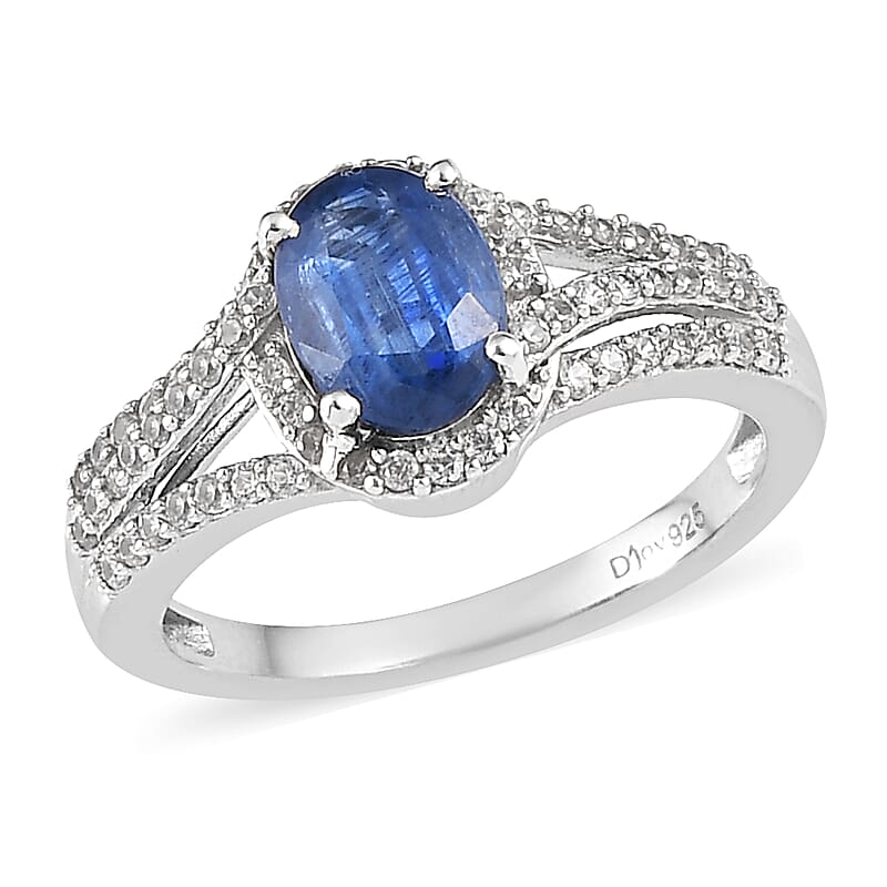 Kashmir Kyanite and White Zircon Split Shank Ring in Platinum Over Sterling Silver (Size 10.0) 2.50 ctw
