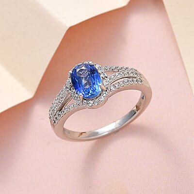 Kashmir Kyanite and White Zircon Split Shank Ring in Platinum Over Sterling Silver (Size 10.0) 2.50 ctw