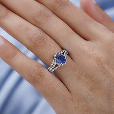 Kashmir Kyanite and White Zircon Split Shank Ring in Platinum Over Sterling Silver (Size 10.0) 2.50 ctw