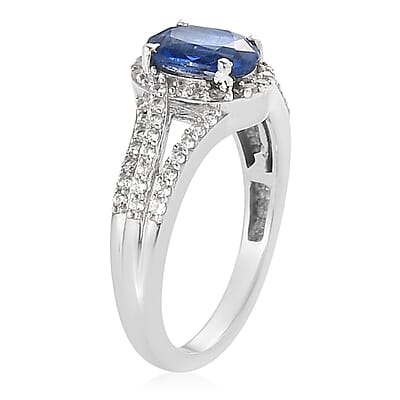 Kashmir Kyanite and White Zircon Split Shank Ring in Platinum Over Sterling Silver (Size 10.0) 2.50 ctw