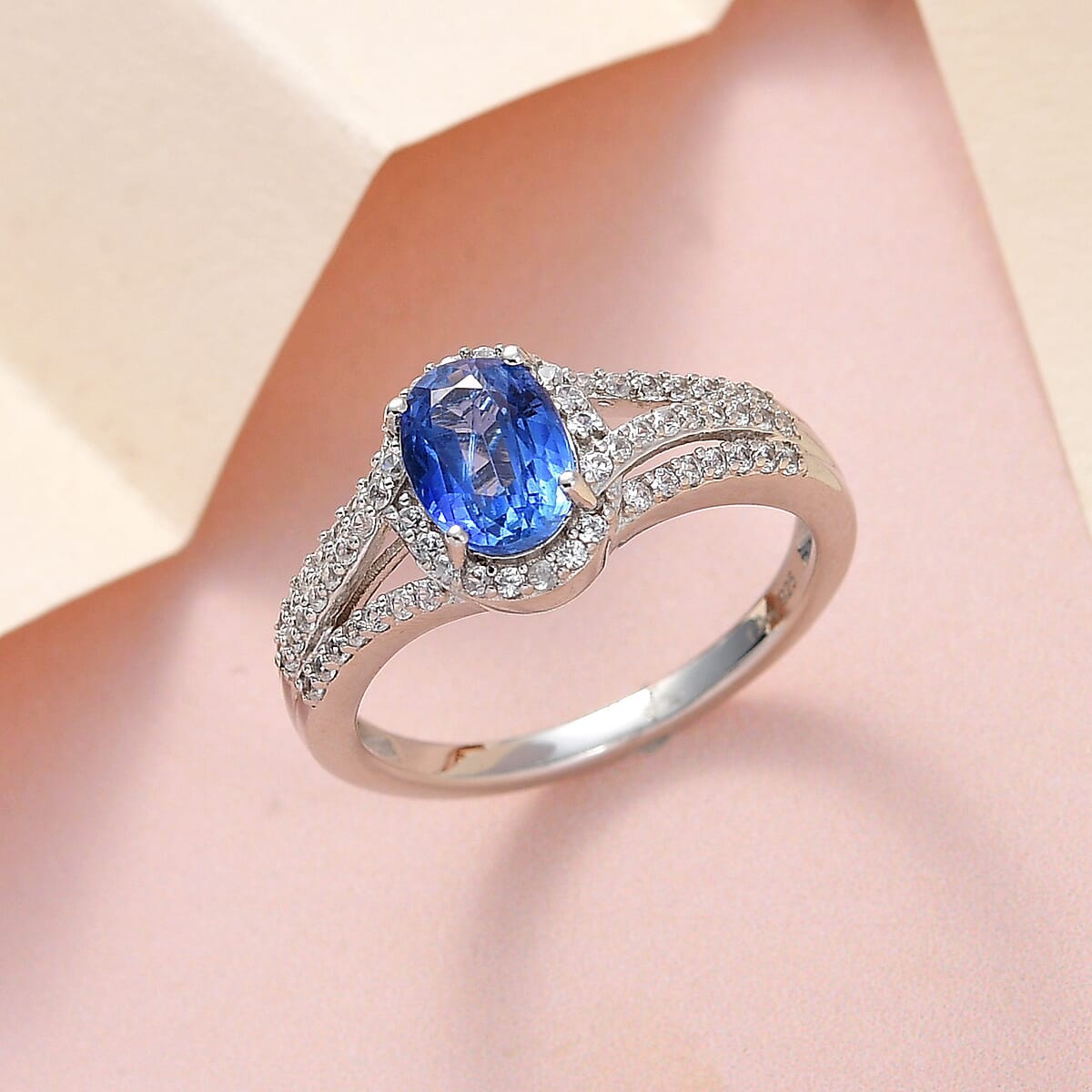 Kashmir Kyanite and White Zircon Split Shank Ring in Platinum Over Sterling Silver (Size 8.0) 2.50 ctw image number 1