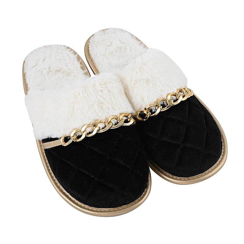 Sole Selection Black Quilted Plush Slippers with Gold Chain - L